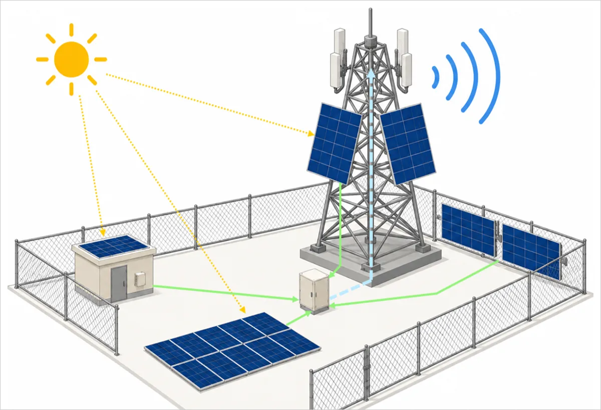 基地局へのカルコパイライト太陽電池の設置イメージ（基地局の鉄塔、周辺のフェンス、倉庫の壁面および屋根、地面の4カ所に設置）