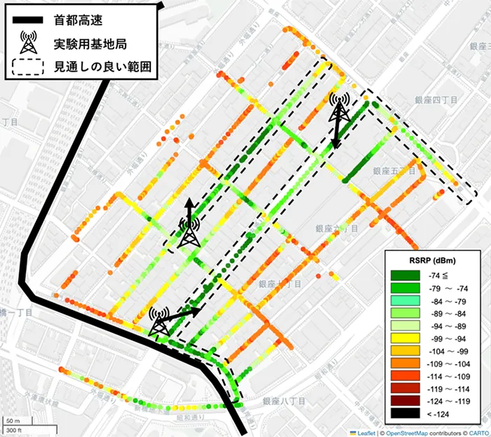 図1：7GHz帯の受信電力の測定結果（緑色に近いほど受信電力が高い）