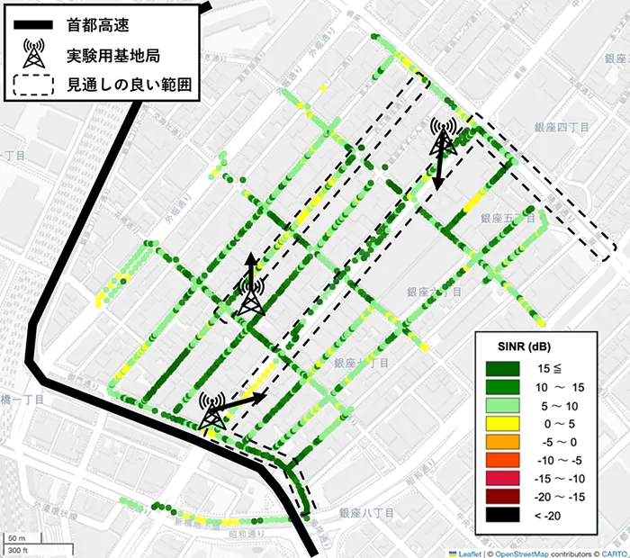 図2：7GHz帯のSINRの測定結果（緑色に近いほど通信品質が良い）