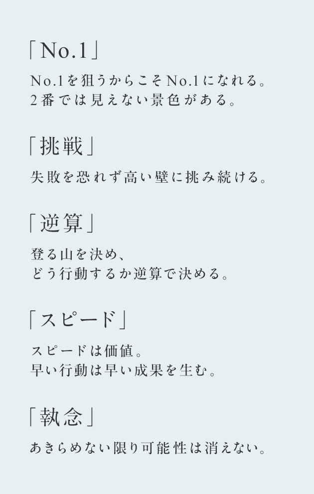 「No.1」No.1を狙うからこそNo.1になれる。2番では見えない景色がある。「挑戦」失敗を恐れず高い壁に挑み続ける。「逆算」登る山を決め、どう行動するか逆算で決める。「スピード」スピードは価値。早い行動は早い成果を生む。「執念」あきらめない限り可能性は消えない。