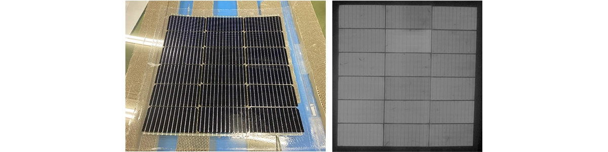 Figure 7. Appearance of ultra-lightweight solar module and EL measurement image | The Challenge of Ultra-Lightweight Solar Modules for HAPS