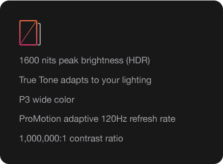 1600 nits peak brightness (HDR) True Tone adapts to your lighting P3 wide color ProMotion adaptive 120Hz refresh rate 1,000,000:1 contrast ratio
