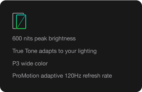 600 nits peak brightness True Tone adapts to your lighting P3 wide color ProMotion adaptive 120Hz refresh rate