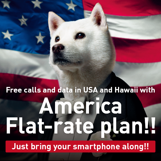 Free calls and data in USA and Hawaii with America Flat-rate plan!! Just bring your smartphone along!!