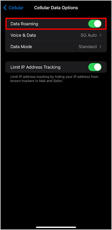 Enable "Data Roaming" If "Enable 4G" is "Off", select "Voice & Data" or "Data Only"