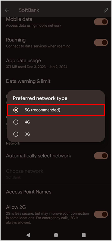 In STEP 05, tap "Preferred network type" and make sure "5G (recommended)" is checked."