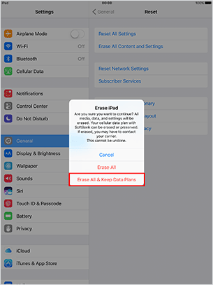 To continue using eSIM / Apple SIM data at “Erase iPad”, tap “Erase All & Keep Data Plans”