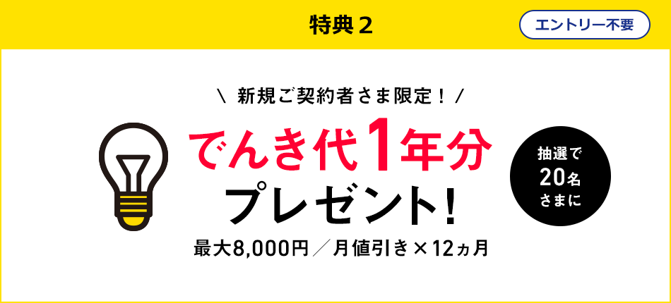 特典2 エントリー不要 新規ご契約者さま限定! 抽選で20名さまに でんき代1年分プレゼント! 最大8,000円/月値引き✕12ヵ月