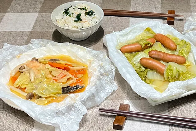 鮭のちゃんちゃん焼き&白菜とウインナーのコンソメ蒸し&わかめごはん