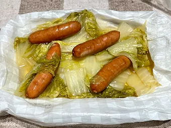 鮭のちゃんちゃん焼き&白菜とウインナーのコンソメ蒸し&わかめごはん 炊飯6