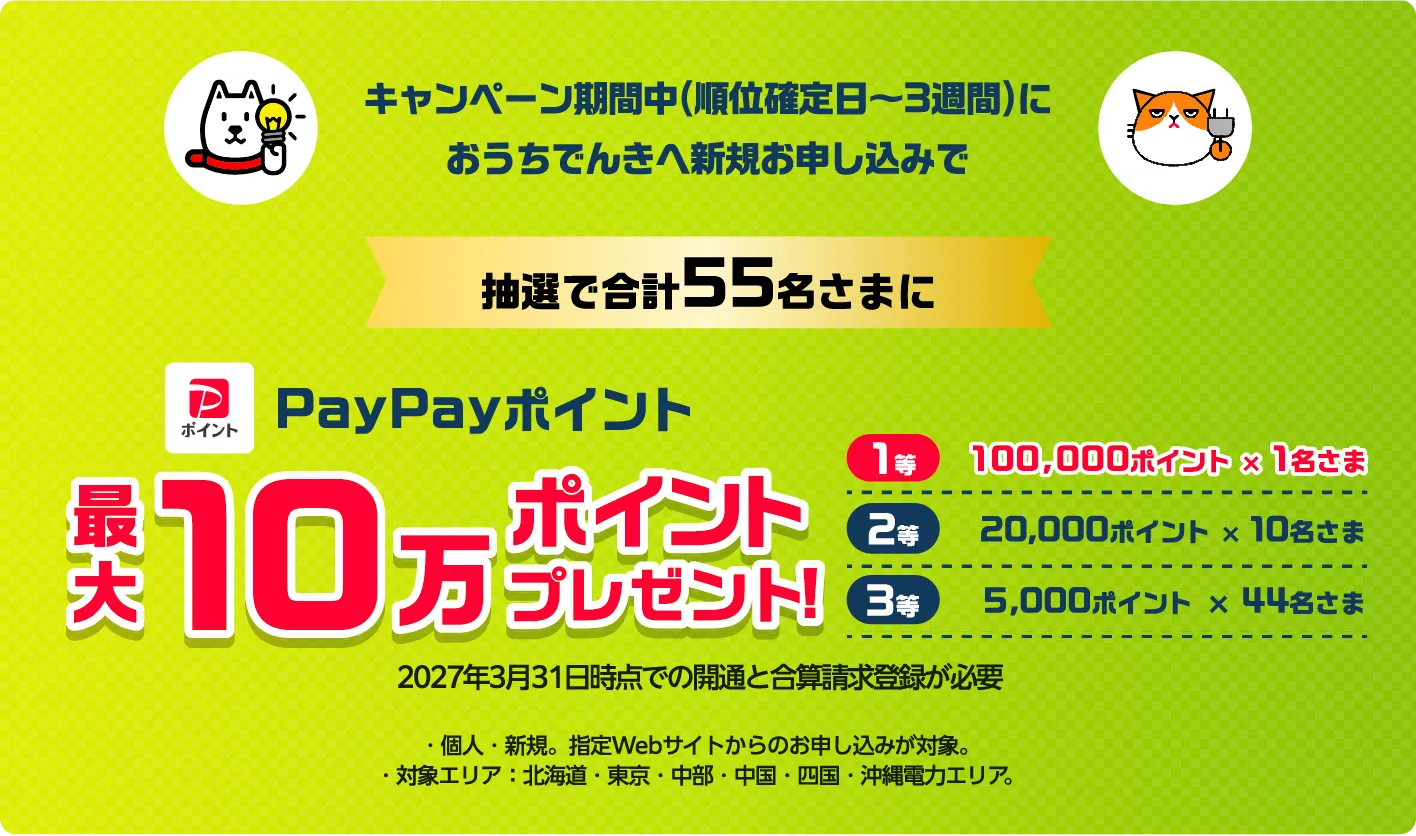 キャンペーン期間中（順位確定日～3週間）におうちでんきへ新規お申し込みで抽選で合計55名さまにPayPayポイント 最大10万ポイントプレゼント！