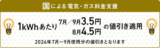 国による電気・ガス料金支援 1kWhあたり7月/9月3.5円 8月4.5円の値引き適用 2026年7月～9月使用分の値引きとなります