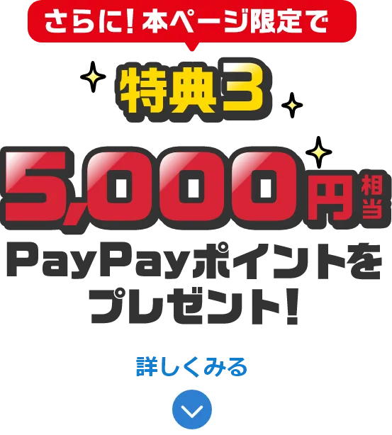 さらに！本ページ限定で 特典3 5,000円相当 PayPayポイント 詳しくみる