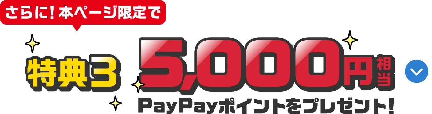 さらに！本ページ限定で 特典3 5,000円相当 PayPayポイントをプレゼント！ 詳しくみる