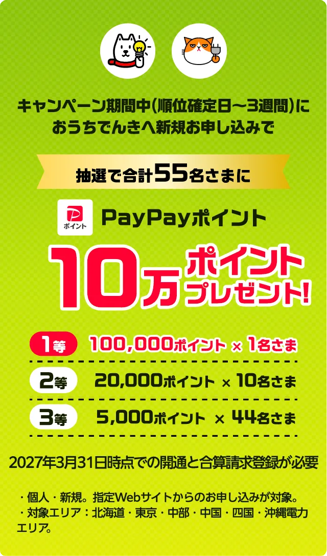 キャンペーン期間中（順位確定日～3週間）におうちでんきへ新規お申し込みで抽選で合計55名さまにPayPayポイント 最大10万ポイントプレゼント！