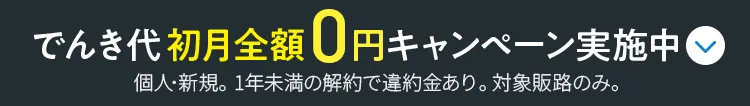 でんき代初月全額0円キャンペーン実施中 個人・新規。1年未満の解約で違約金あり。対象販路のみ。