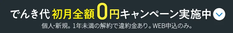 でんき代初月全額0円キャンペーン実施中 個人・新規。1年未満の解約で違約金あり。WEB申込のみ。