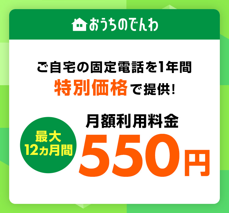 ご自宅の固定電話を1年間特別価格で提供！月額利用料金 最大12ヵ月間 550円