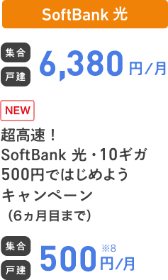 SoftBank 光 集合 戸建 6,380円／月 NEW SoftBank 光・10ギガ500円ではじめようキャンペーン（6ヵ月目まで） 集合 戸建 500円／月