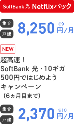 SoftBank 光 Netflixパック 集合 戸建 8,250円／月 NEW SoftBank 光・10ギガ500円ではじめようキャンペーン（6ヵ月目まで） 集合 戸建 2,370円／月