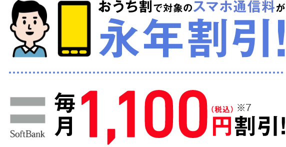 おうち割で対象のスマホ通信料が永年割引！ SoftBank毎月1,100円（税込）※7 割引！