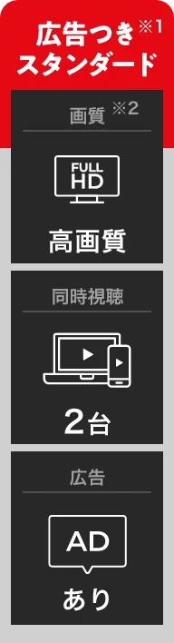 広告つき広告つきスタンダード※1 画質※2 FULL HD 高画質 同時視聴 2台 広告 あり