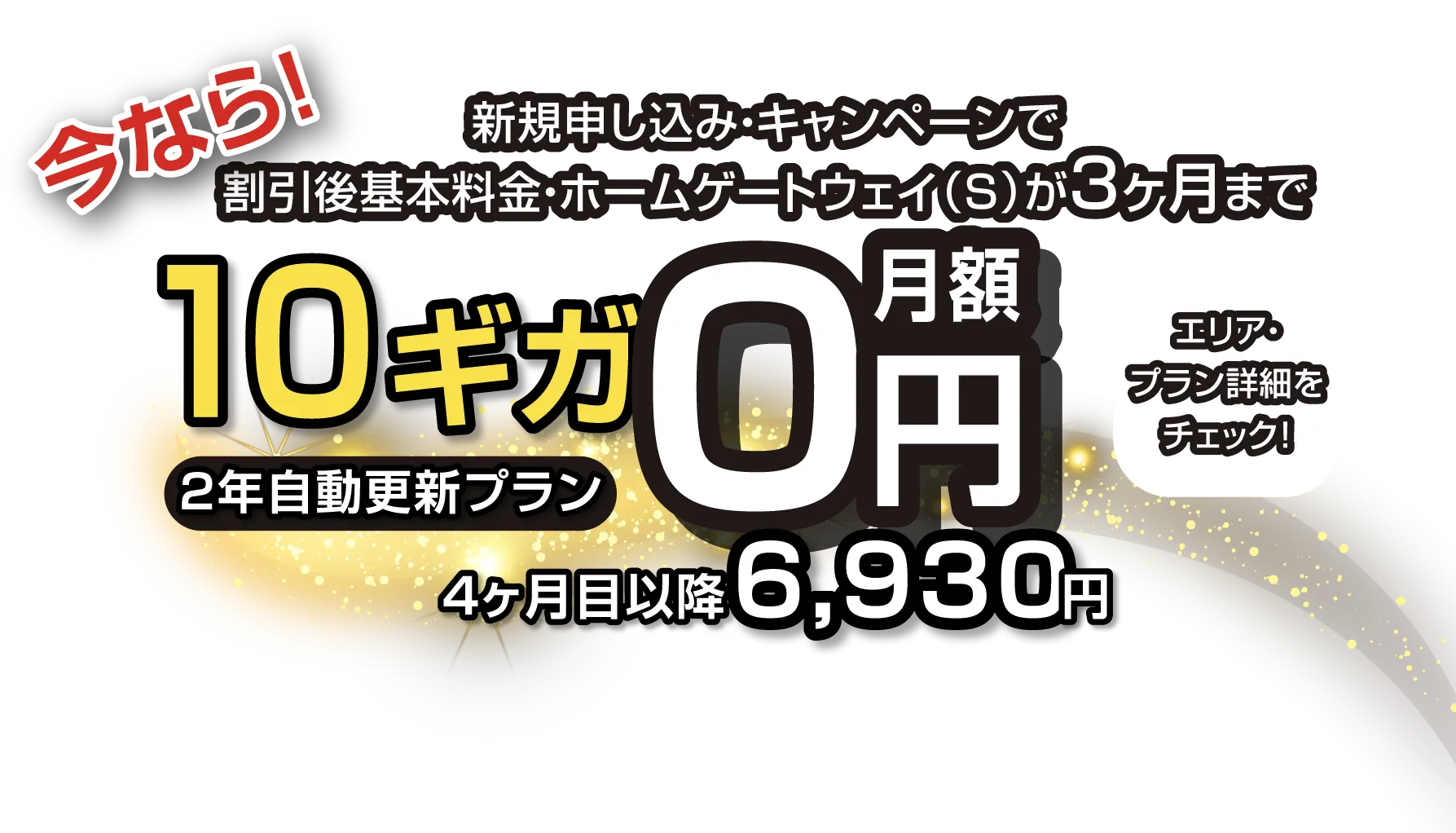今なら！新規申し込み・キャンペーンで割引後基本料金・ホームゲートウェイ（S）が3ヶ月まで10ギガ月額0円、4ヶ月目以降6,930円（2年自動更新プラン） エリア・プラン詳細をチェック！