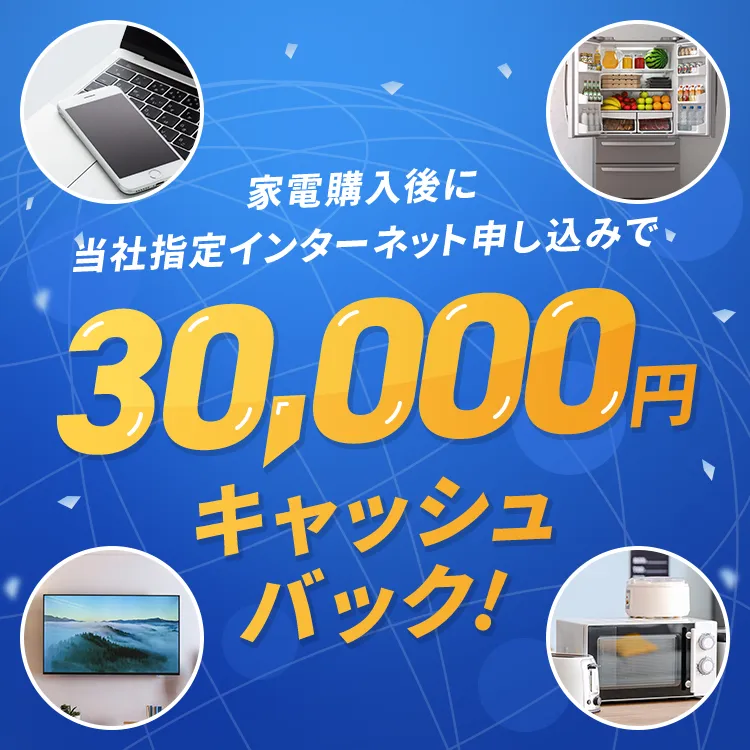 家電導入後に 当社指定 インターネット申し込みで 30,000円 キャッシュバック！