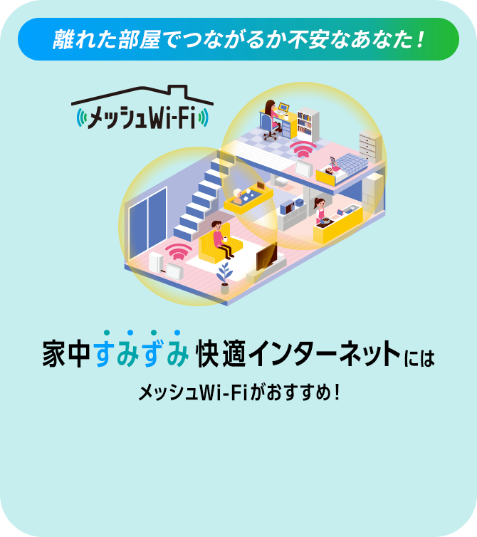 メッシュWi-Fi 離れた部屋でつながるか不安なあなた！ 家中すみずみ快適インターネットには メッシュWi-Fiがおすすめ！