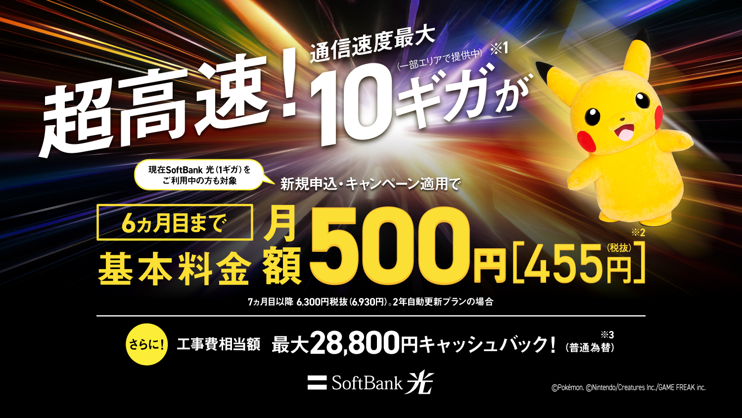 SoftBank 光 とにかく速い！安い！　現在SoftBank 光（1ギガ）をご利用中の方も対象　新規申込・キャンペーン適用で基本料金＋ホームゲートウェイ(N)　通信速度最大10ギガ（一部エリア提供中）※1　6ヵ月目まで月額500円※2　SoftBank 光・10ギガ（2年自動更新の場合）　7ヵ月目以降月額で6930円※2　さらに工事費相当額　最大24,000円キャッシュバック！（普通為替）※3