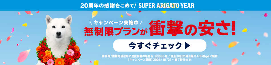20周年の感謝をこめて！ SUPER ARIGATO YEAR キャンペーン実施中 無制限プランが衝撃の安さ！ 時間帯／機械的通信時に速度制御の場合有 300GB超／直近30日の場合最大4.5Mbpsに制御 【キャンペーン期間】2026/10/21～終了時期未定 今すぐチェック