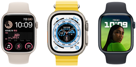 A front view of three Apple Watch devices showing the Modular watch face, the Wayfinder watch face, and a Portraits watch face