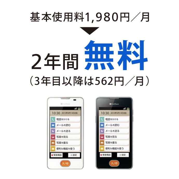 基本使用料1,980円／月→2年間無料（3年目以降は562円／月）