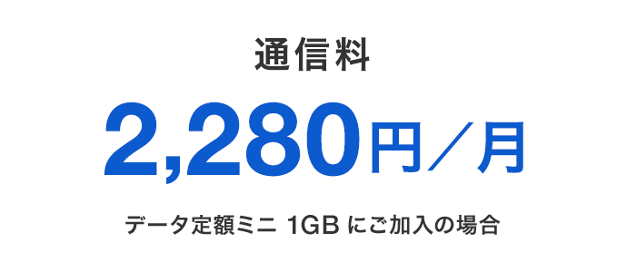 通信料 2,280円/月 データ定額ミニ 1GBにご加入の場合