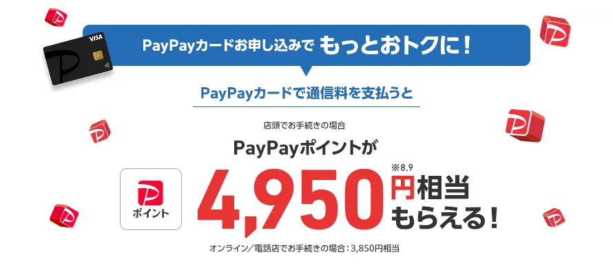 PayPayカードお申し込みでもっとおトクに！ PayPayカードで通信料を支払うと 店頭でお手続きの場合 PayPayポイントが1,100円※8,9相当もらえる！オンライン／電話店でお手続きの場合：3,850円相当