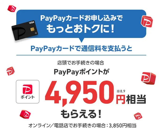 PayPayカードお申し込みでもっとおトクに！ PayPayカードで通信料を支払うと 店頭でお手続きの場合 PayPayポイントが1,100円※8,9相当もらえる！オンライン／電話店でお手続きの場合：3,850円相当