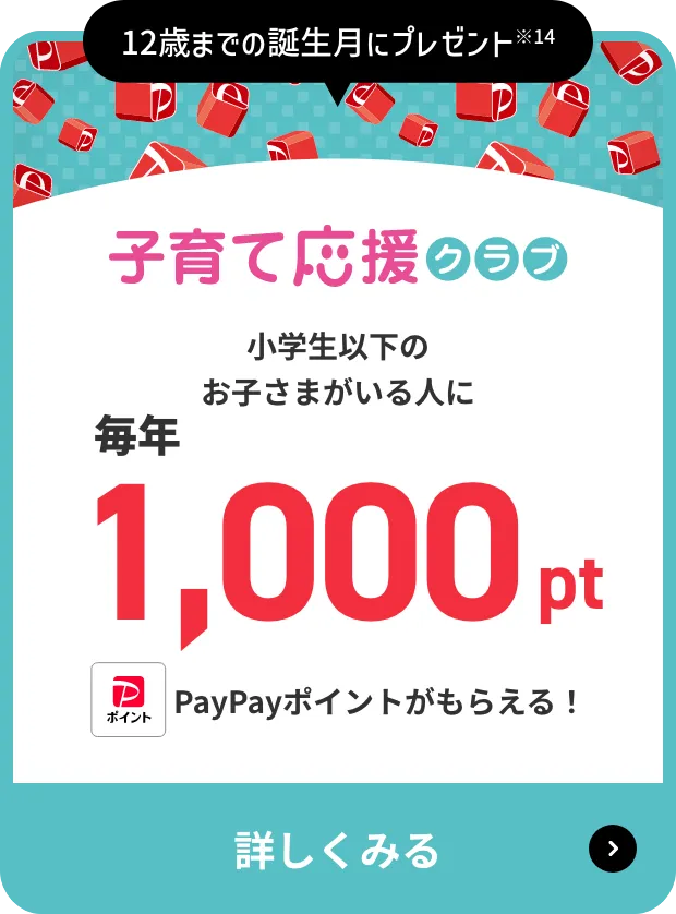 12歳までの誕生月にプレゼント※3 子育て応援クラブ 小学生以下のお子さまがいる人に毎年1,000pt PayPayポイントがもらえる！ 詳しくみる