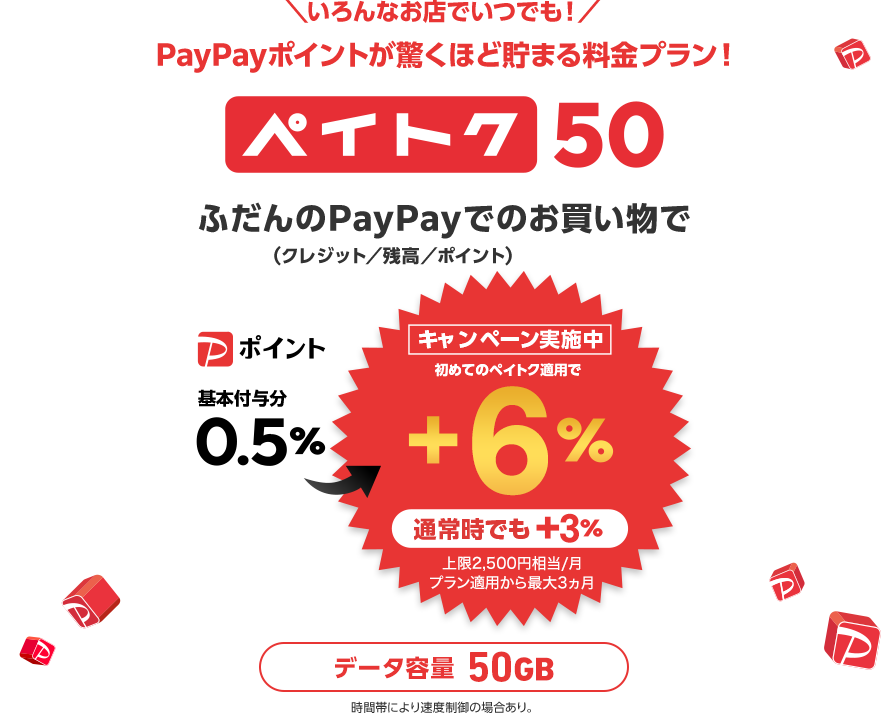 PayPayユーザーのための料金プラン ペイトク50 ペイトク50適用時 PayPay（残高／クレジット）でのお買い物がいつでも Pポイント付与率 +3% キャンペーン実施中！ 初めてペイトク適用で +6% プラン適用から最大3ヵ月 （共に上限2,500円相当／月） データ容量 50GB 時間帯により速度制御の場合あり。