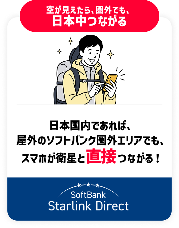 空が見えたら、圏外でも、日本中つながる 日本国内であれば、屋外のソフトバンク圏外エリアでも、スマホが衛星と直接つながる！ SoftBank Starlink Direct