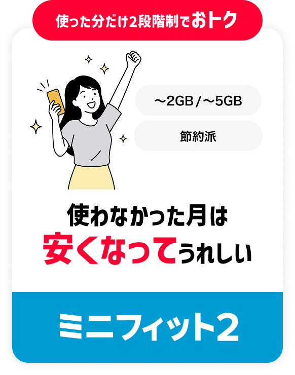 使った分だけ2段階制でおトク 〜2GB/〜5GB 節約派 使わなかった月は安くなってうれしい ミニフィット2