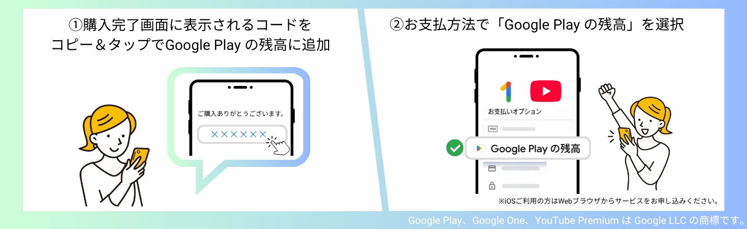 Google Play ギフトコード の使い方 ①購入完了画面に表示されるコードをコピー＆タップでGoogle Play の残高に追加 ②お支払方法で「Google Play の残高」を選択 ※iOSご利用の方はWebブラウザからサービスをお申し込みください。 ※Google Play、Google One、YouTube PremiumはGoogle LLCの商標です。