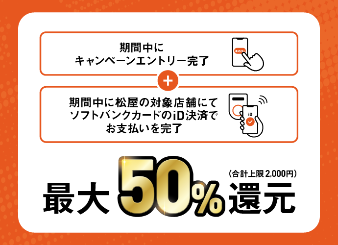期間中にキャンペーンエントリー完了 + 期間中に松屋の対象店舗にてソフトバンクカードのiD決済でお支払いを完了 最大50%還元 （合計上限 2,000円）