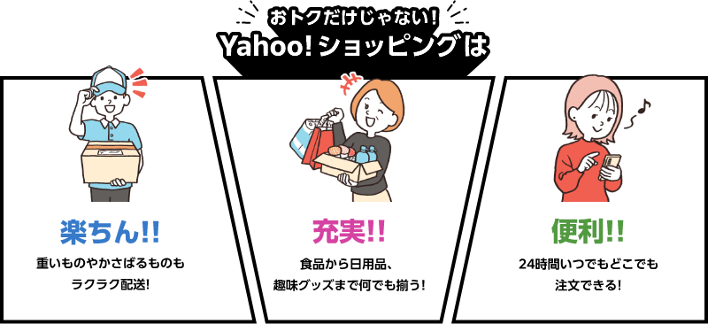 おトクなだけじゃない！Yahoo!ショッピングは楽ちん!!重いものやかさばるものもラクラク配送! 充実!!食品から日用品、趣味グッズまで何でも揃う! 便利!!24時間いつでもどこでも注文できる!