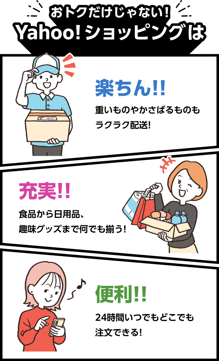 おトクなだけじゃない！Yahoo!ショッピングは楽ちん!!重いものやかさばるものもラクラク配送! 充実!!食品から日用品、趣味グッズまで何でも揃う! 便利!!24時間いつでもどこでも注文できる!