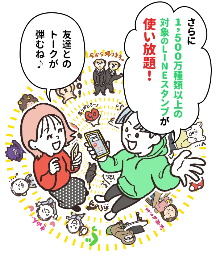 「さらに1,500万種類以上の対象のLINEスタンプが使い放題!」「友達とのトークが弾むね♪」