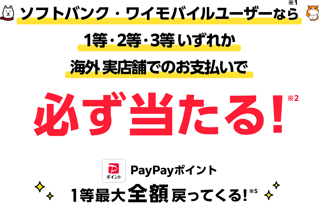 ソフトバンク・ワイモバイルユーザーなら※1 1等・2等・3等いずれか 海外 実店舗でのお支払いで 必ず当たる！※2 PayPayポイント 1等最大全額戻ってくる！※5