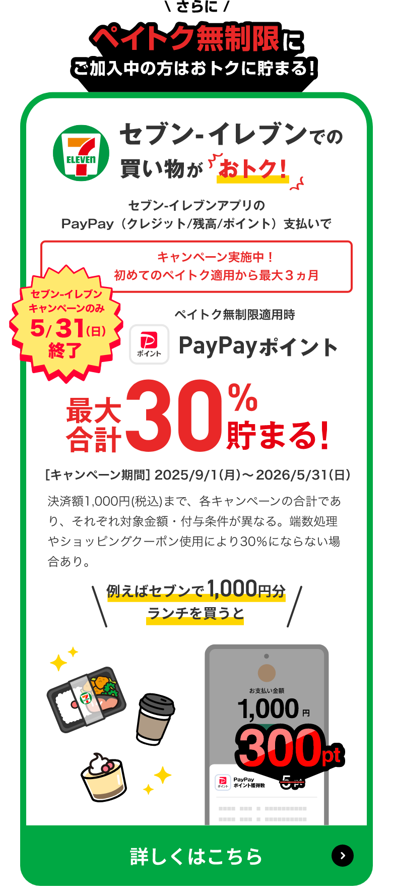 さらにペイトク無制限にご加入中の方はおトクに貯まる! セブン-イレブンでの買い物がおトク! セブン-イレブンアプリのPayPay(クレジット/残高/ポイント)支払いでキャンペーン実施中!初めてのペイトク適用から3ヵ月 セブン-イレブンキャンペーンのみ5/31（日）終了 ペイトク無制限適用時 PayPayポイント最大合計30%貯まる! [キャンペーン期間]2025年9月1日(月)〜2026年5月31日(日) 決済額1,000円(税込)まで、各キャンペーンの合計であり、それぞれ対象金額、付与条件が異なる。端数処理やショッピングクーポン使用により30%にならない場合あり。 例えばセブンで1,000円分ランチを買うと300pt