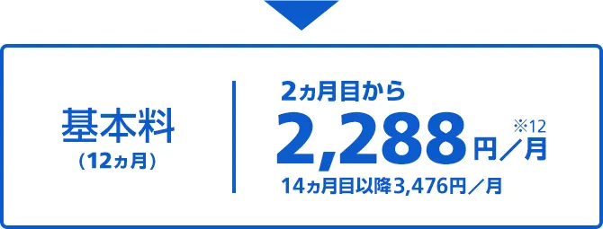 基本料(12ヵ月)|2ヵ月目から2,288円/月※12 14ヵ月目以降3,476円/月