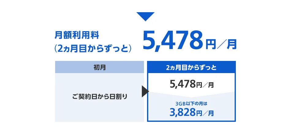月額利用料（2ヵ月目からずっと）5,478円／月 [初月はご契約日から日割り 3GB以下の月は3,278円／月]