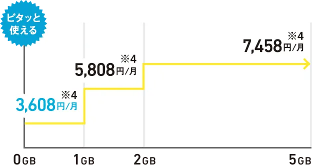 ピタッと使える ~1GB:3,608円(※4)/~2GB:5,808円(※4)/~5GB:7,458円(※4)